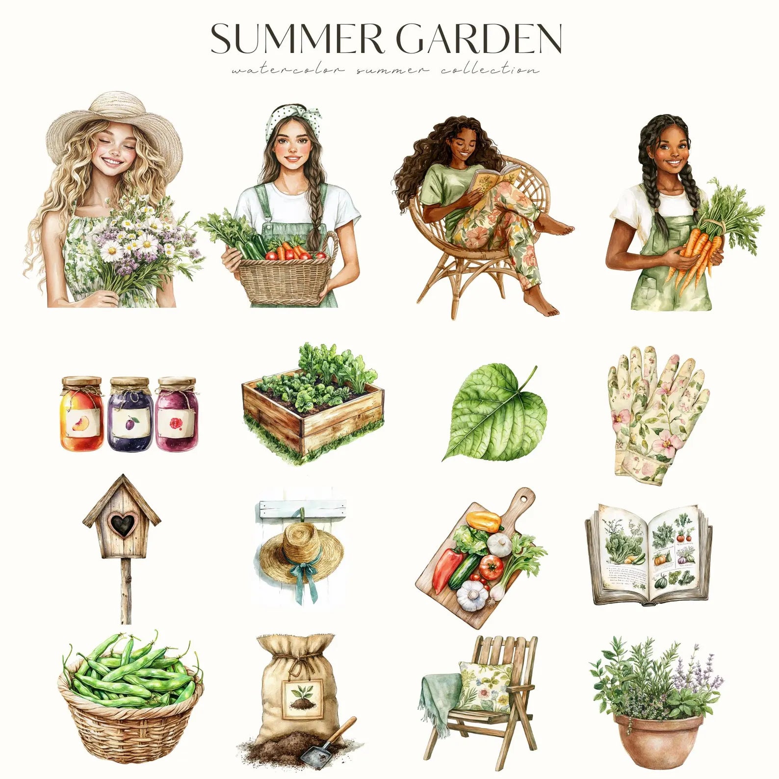 Watercolor Summer Garden Clipart – Cottagecore Vegetables & Floral PNGs