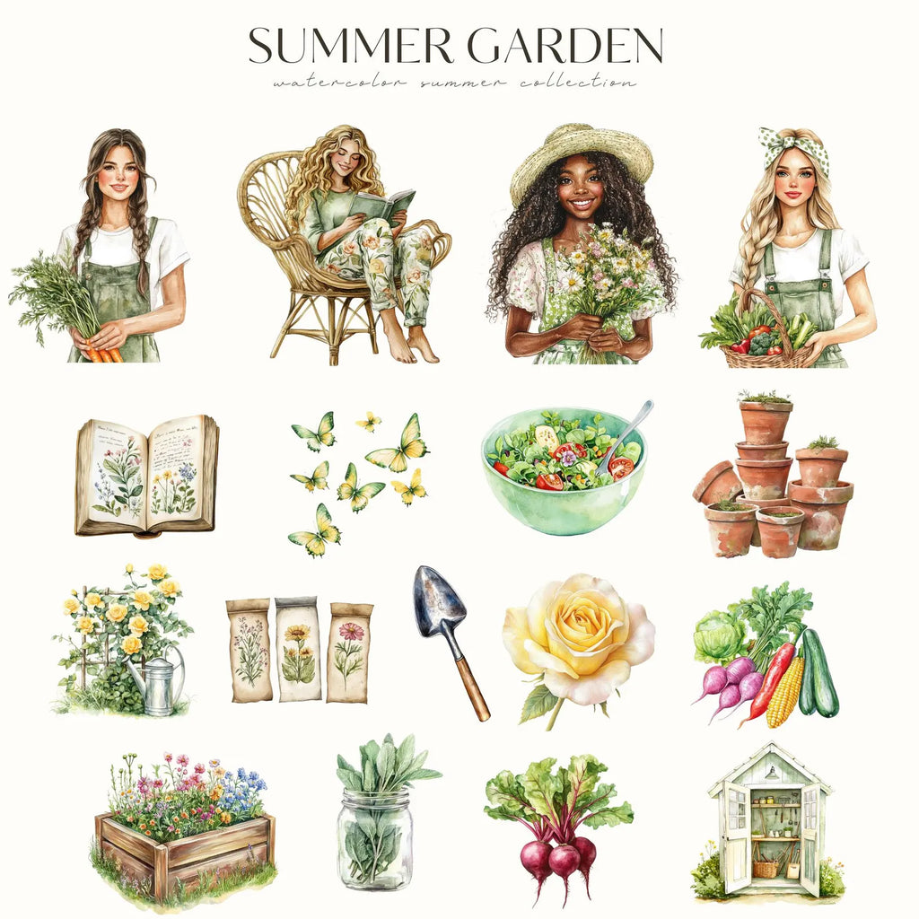 Watercolor Summer Garden Clipart – Cottagecore Vegetables & Floral PNGs