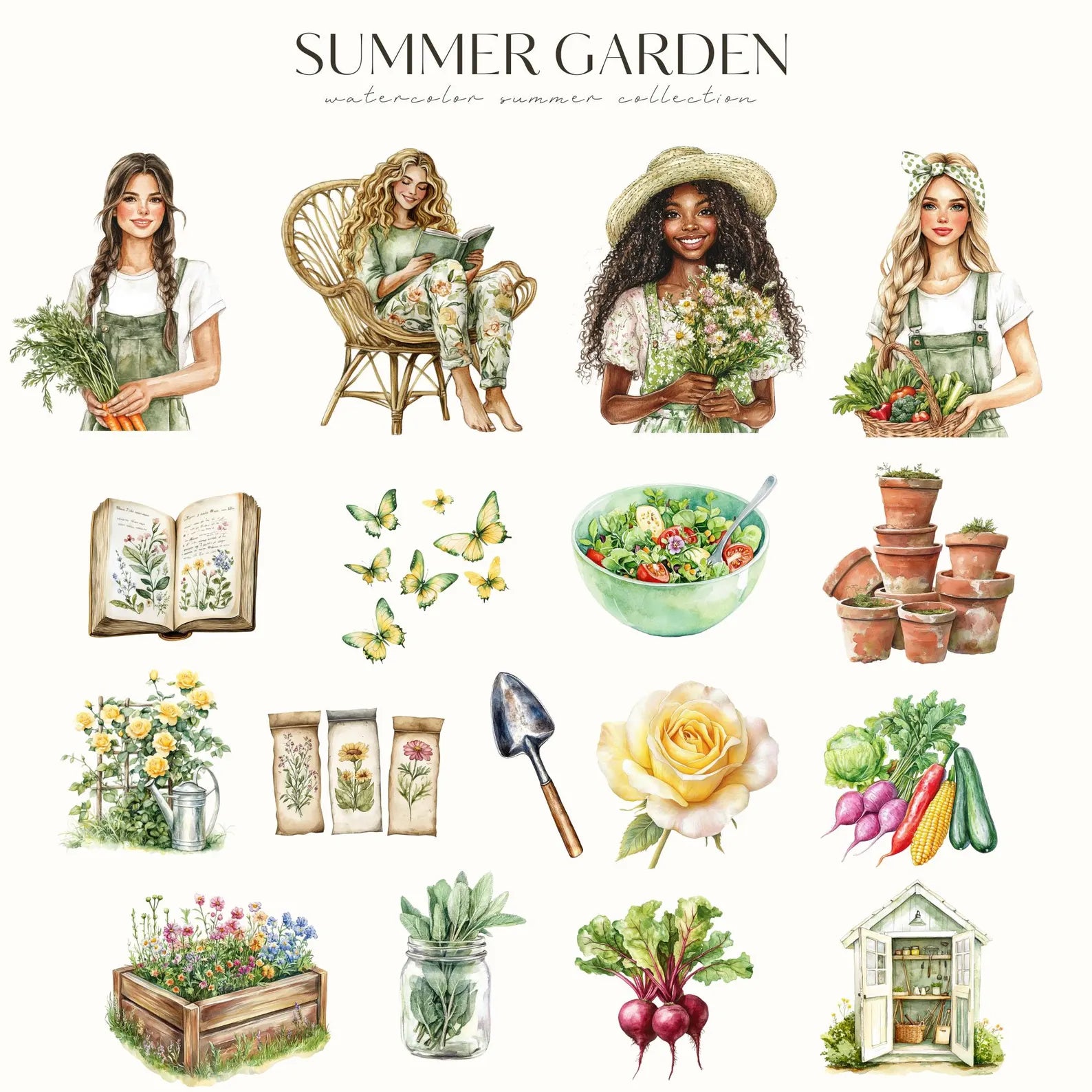 Watercolor Summer Garden Clipart – Cottagecore Vegetables & Floral PNGs