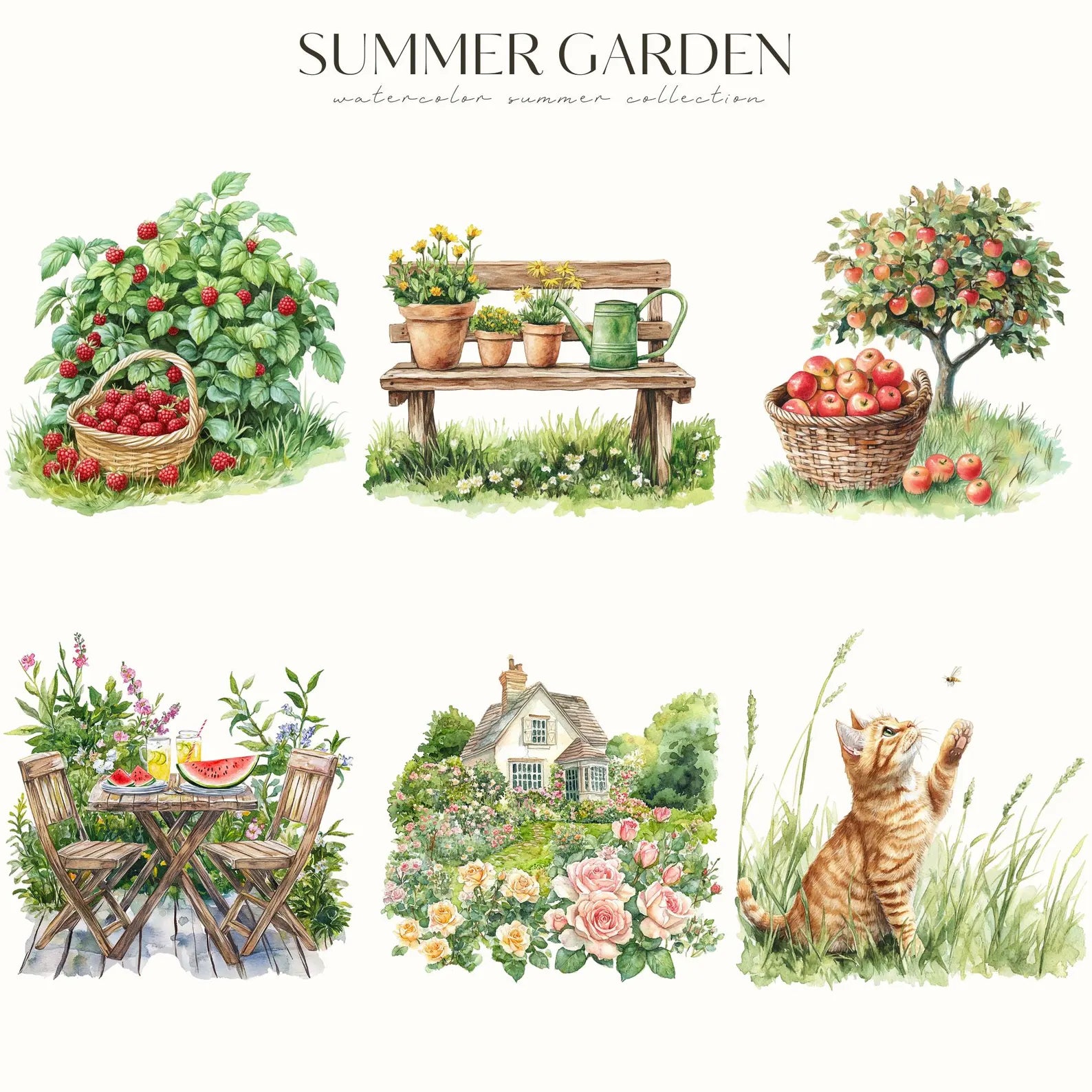 Watercolor Summer Garden Clipart – Cottagecore Vegetables & Floral PNGs
