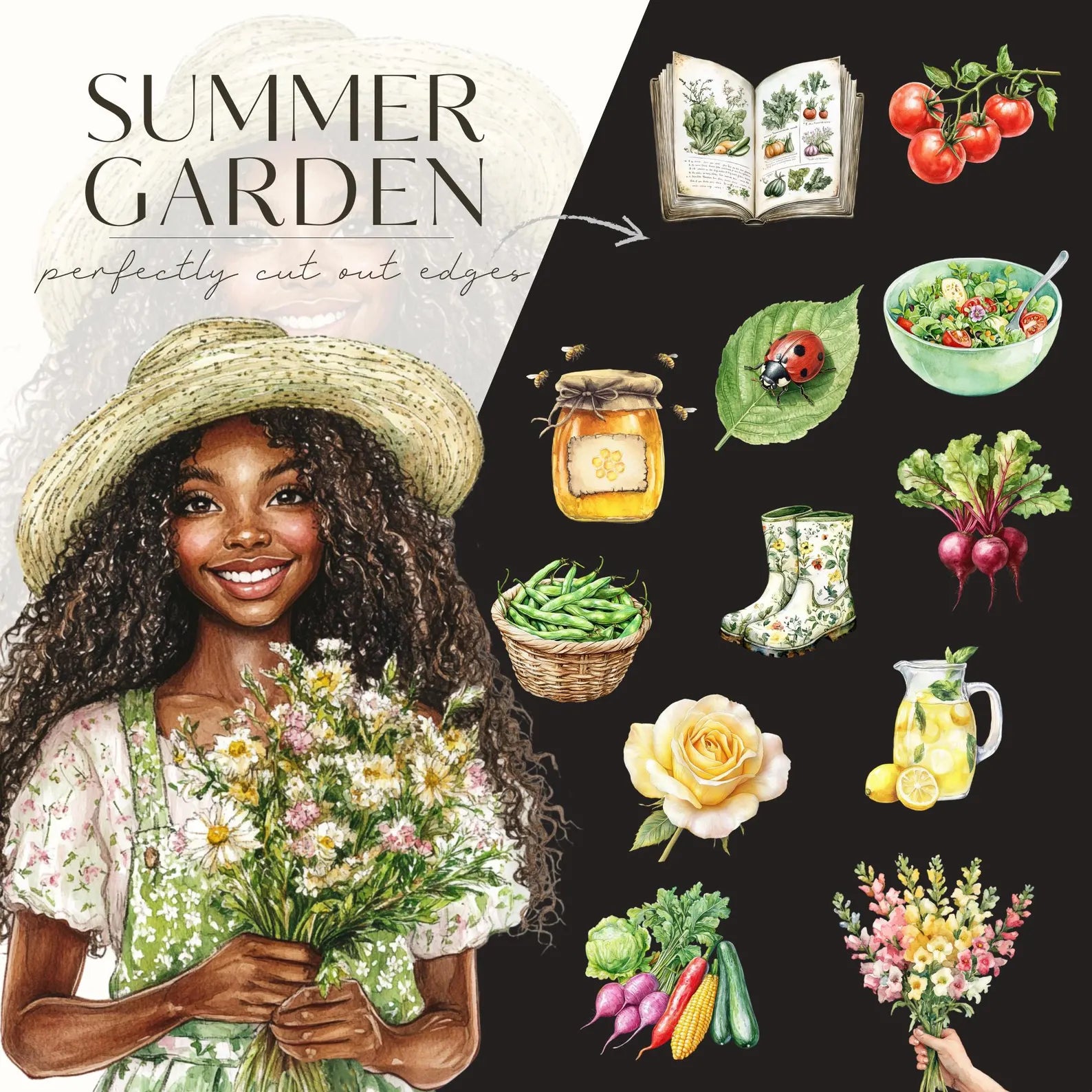 Watercolor Summer Garden Clipart – Cottagecore Vegetables & Floral PNGs