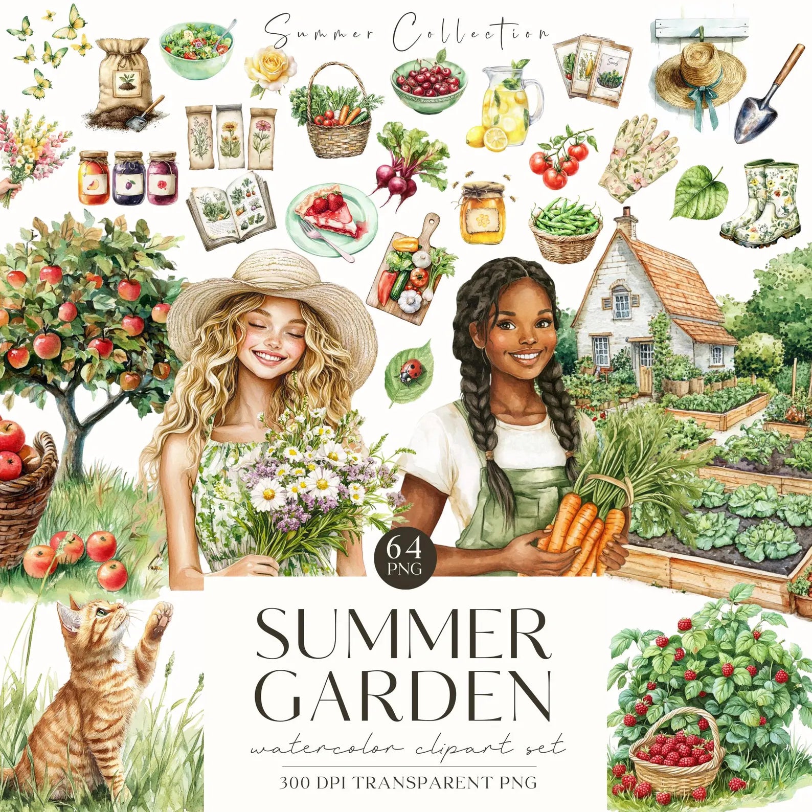 Watercolor Summer Garden Clipart – Cottagecore Vegetables & Floral PNGs
