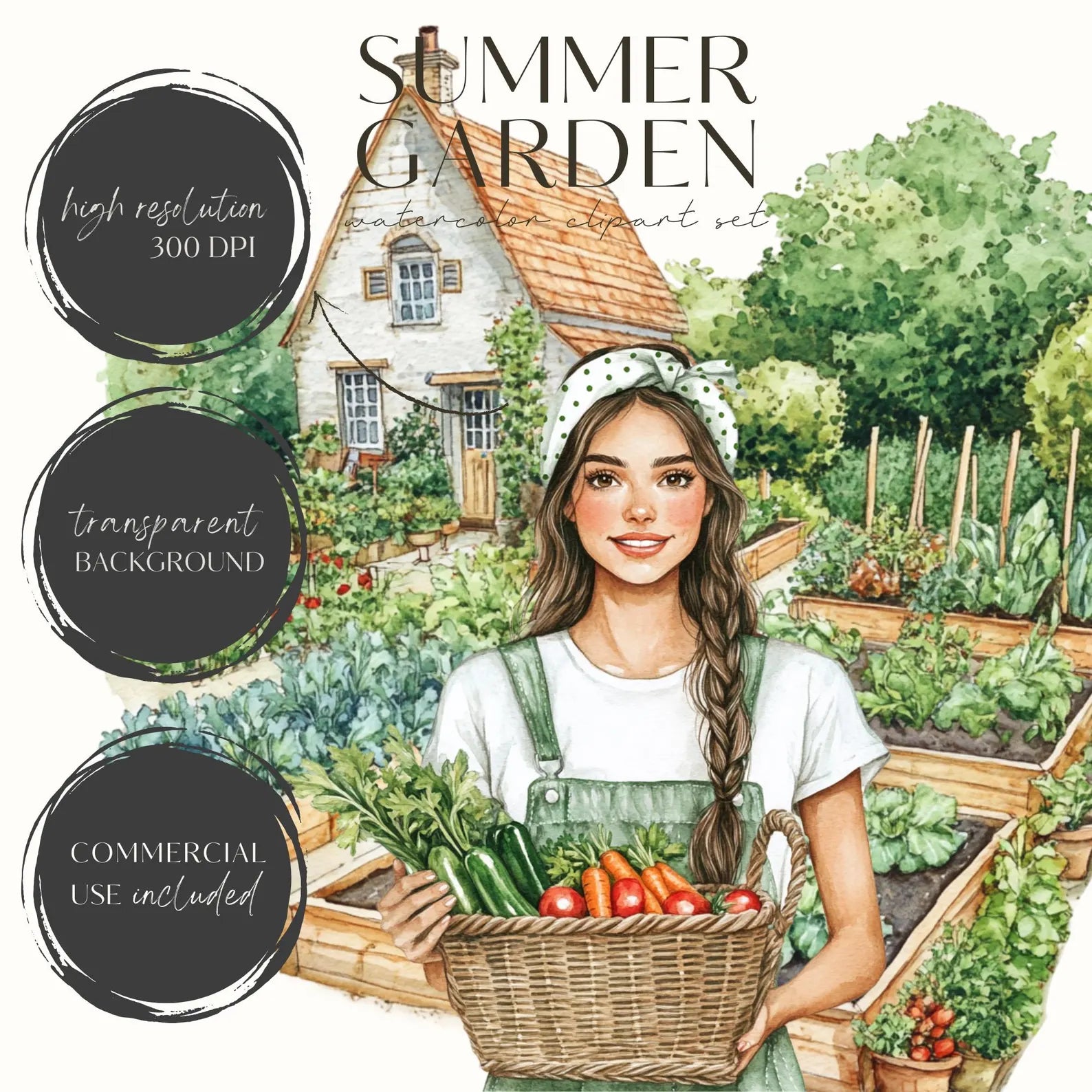 Watercolor Summer Garden Clipart – Cottagecore Vegetables & Floral PNGs